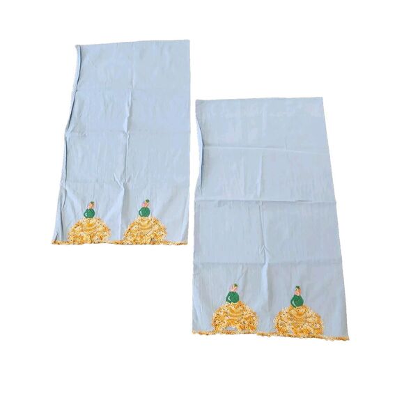 2 Vintage Blue Pillow Cases Crochet Open Cutout Victorian Lady Large Hoop Skirt - Picture 1 of 10
